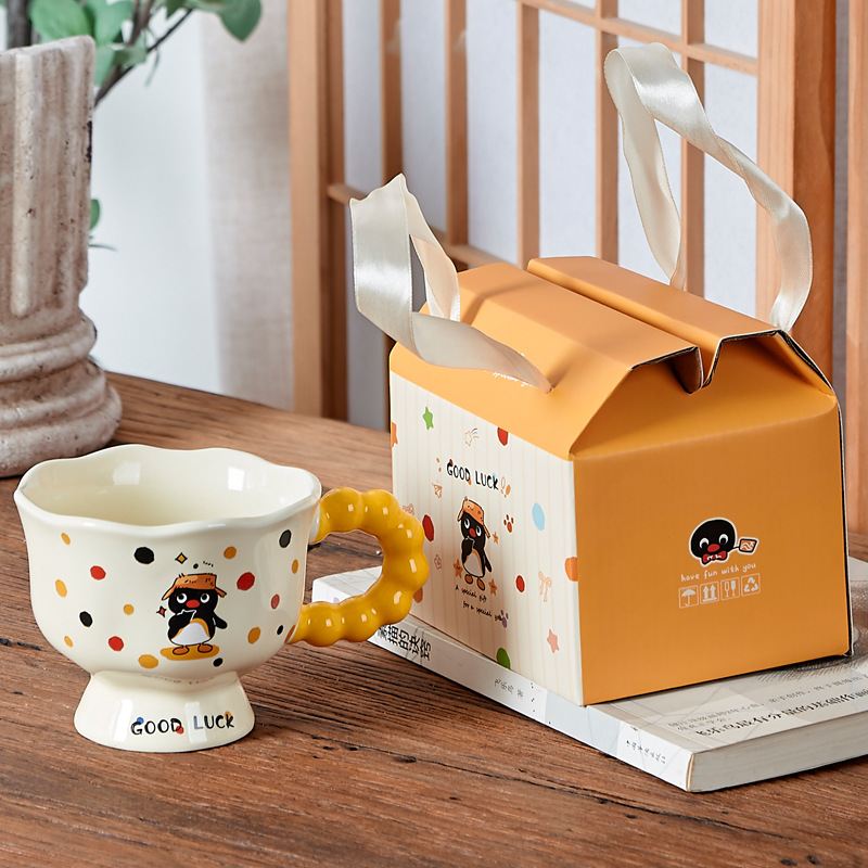 KASHI "Good Luck" Porcelain Mug | Adorable Cartoon Designs with Beaded Handle, Perfect Gif